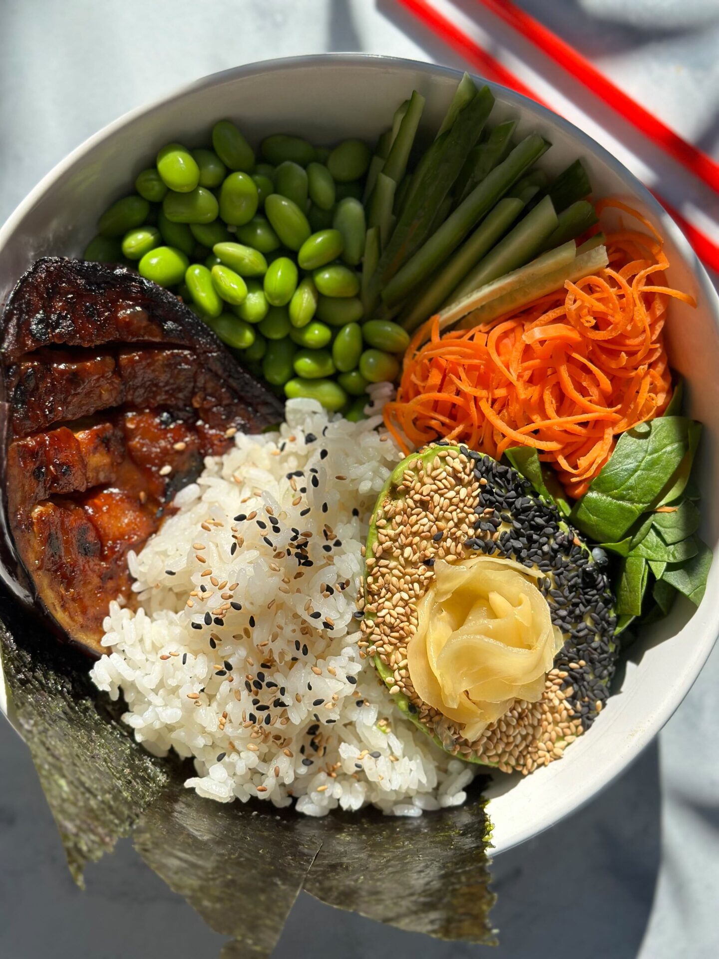 Sushi Bowl with Miso Glazed Eggplant - Michelle Albanes-Davis